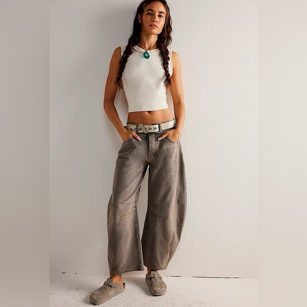 NEW Free people We The Free Good Luck Mid-Rise Barrel Jeans In Archive Grey
